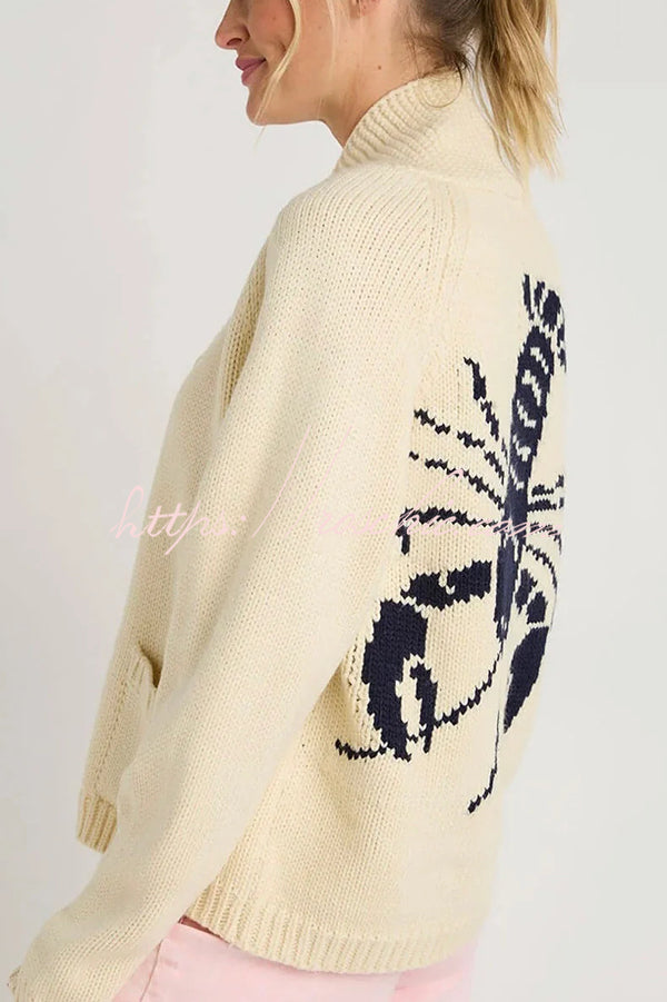 Fashion Lobster Pattern Casual Long Sleeve Knit Cardigan