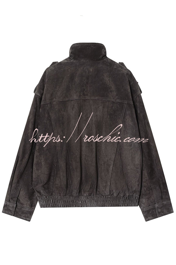 Fashionable Suede Loose Pocket Leather Jacket