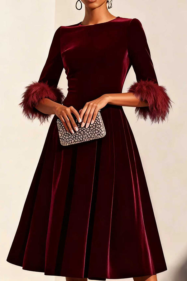Solid Color Velvet Feather Half Sleeves Elegant Fitted Waist Midi Dre roschic Solid Color Velvet Feather Half Sleeves Elegant Fitted Waist Midi Dre roschic