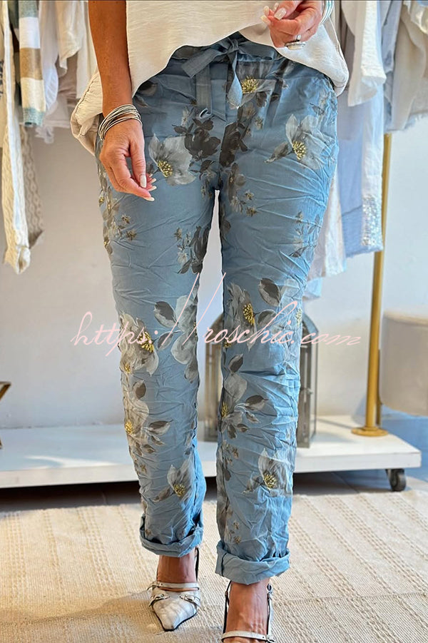 Floral Print Elastic Waist Casual Pocket Pants
