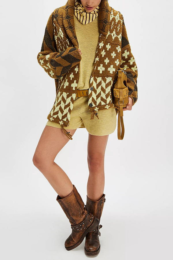 Unique Pattern Lapel Loose Long-sleeved Knitted Sweater