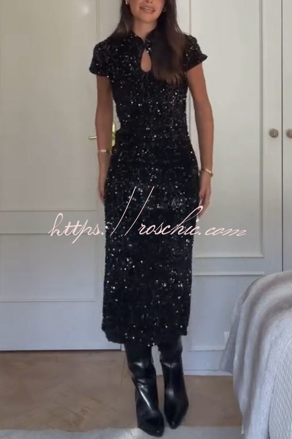 Cheongsam Style Velvet Sequin Stand Neck Short Sleeve Slit Midi Dress