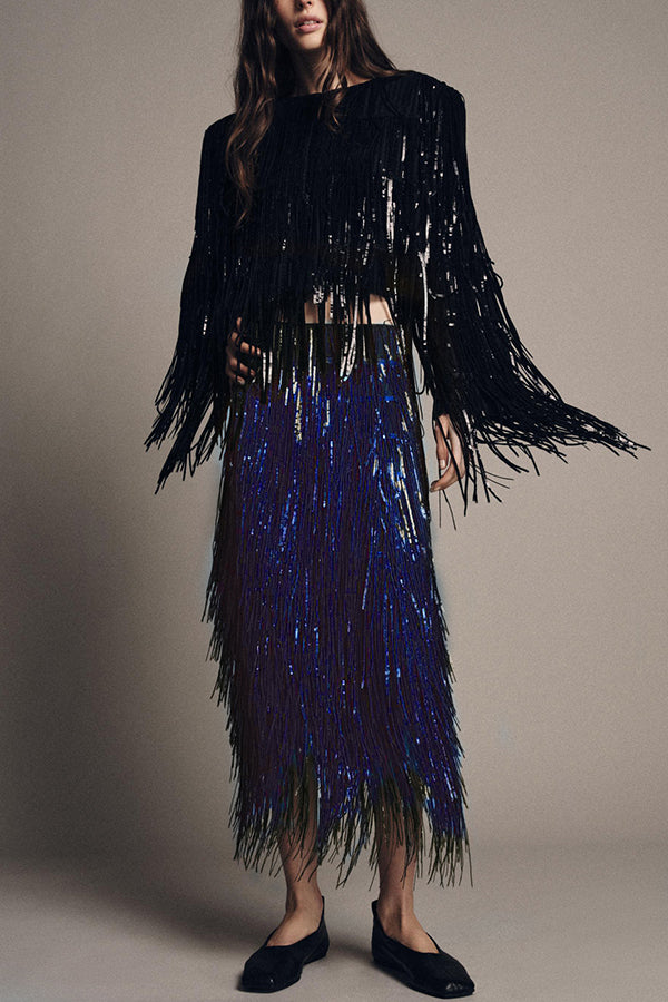 Party Crasher Layered Sequined Tassels High Rise Back Zipper Midi Skirt (Shipped Within 24 Hours)