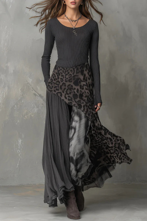 long sleeve maxi leopard dress Stylish Leopard Print Patchwork Casual Long-sleeved Maxi Dress – roschic