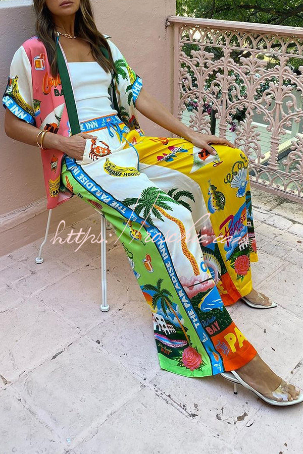 Kissed By The Sun Satin Unique Print Colorblock Elastic Waist Pocketed Wide Leg Pants