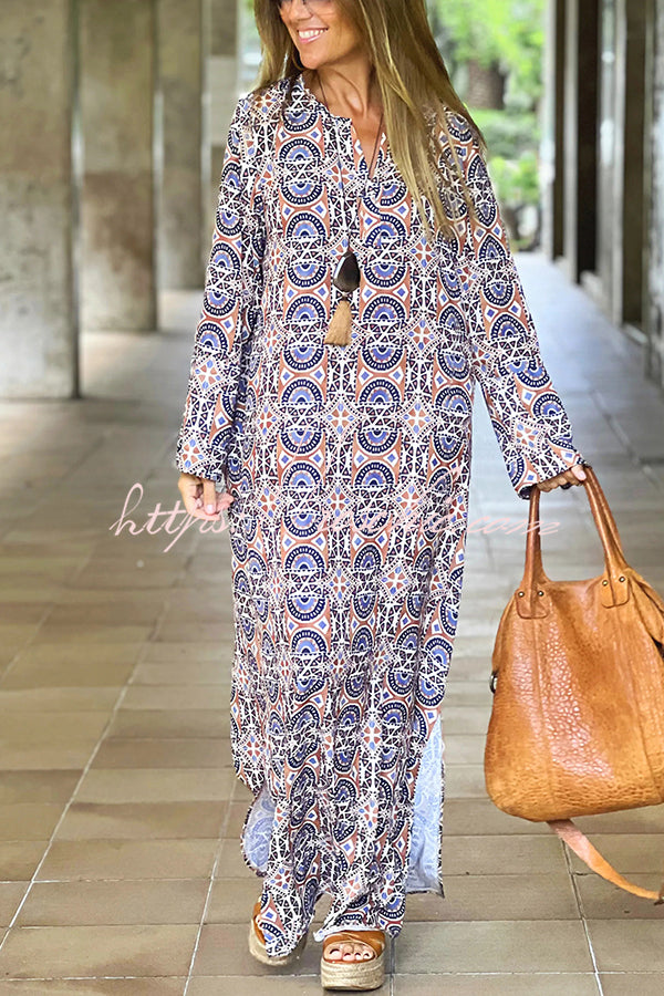 Unique Printed Long Sleeve V-neck Loose Maxi Dress