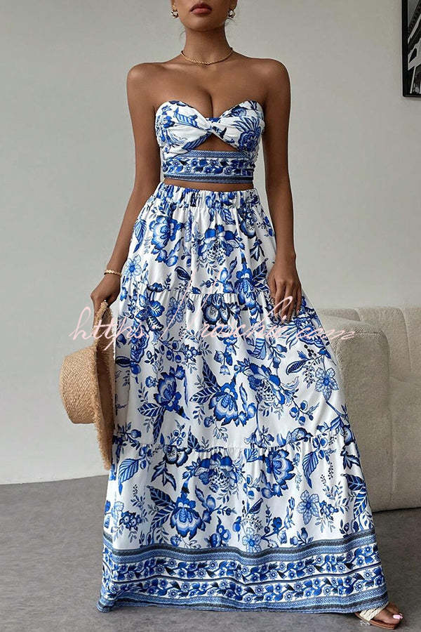 Floral Print Cutout Bandeau Top and Elastic Waist Full Maxi Skirt Set