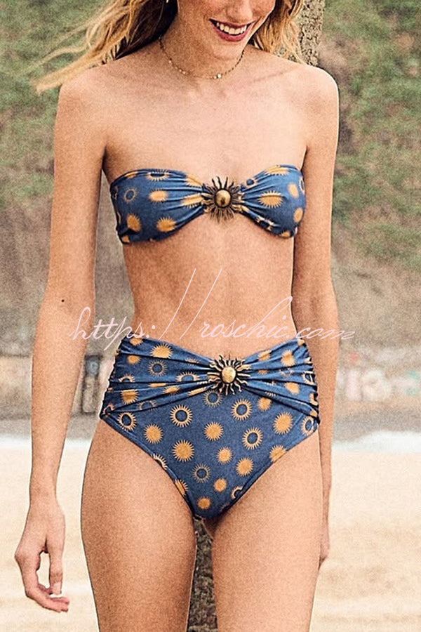 Sun Print Metal Embellishments Stretch Two-piece Bikini Swimsuit