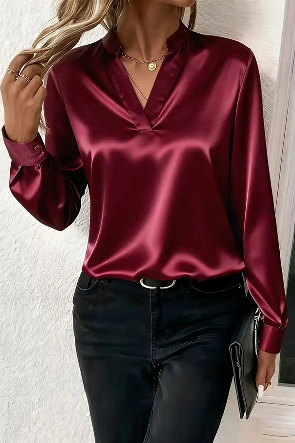 Solid Color Satin Loose V-neck Long-sleeved Casual Shirt