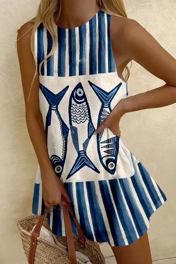 Striped Sardines Print Sleeveless Resort Mini Dress