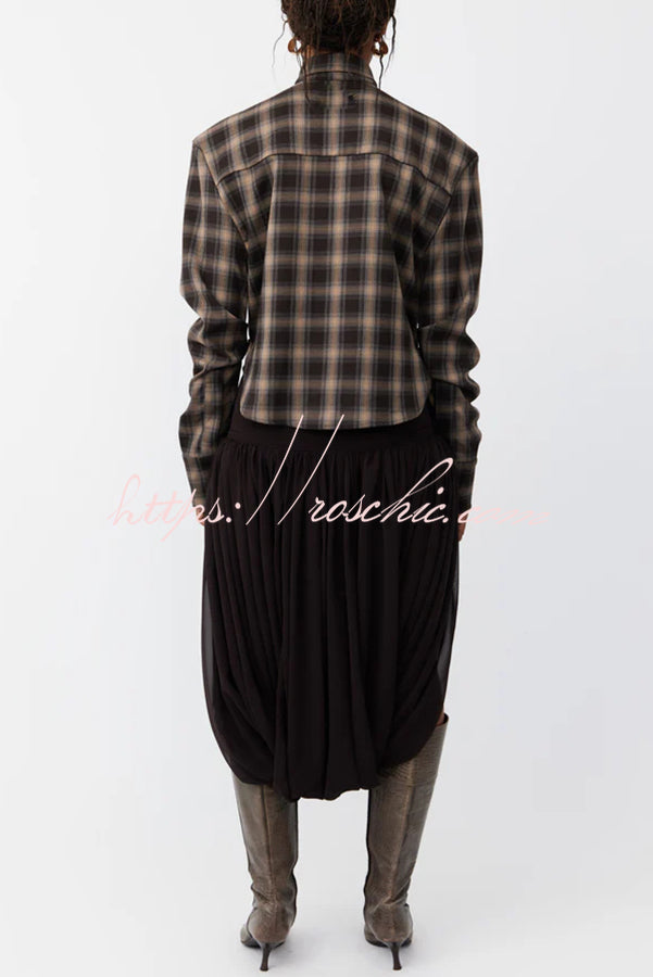 Vintage Plaid Shoulder Pad Buttons Long Sleeve Angled Hem Shirt