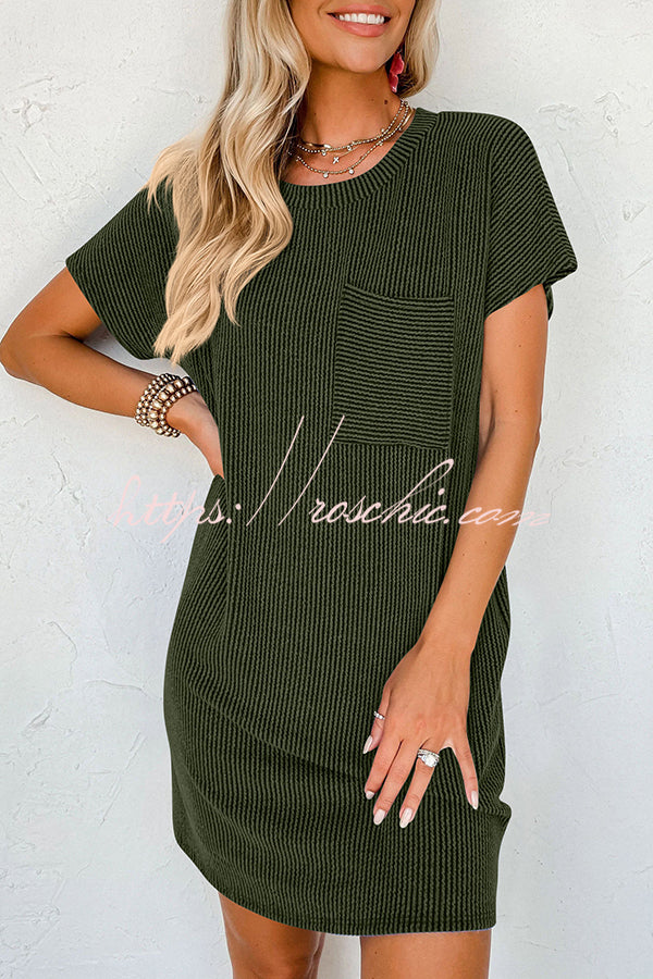 Casual Solid Color Striped Short-sleeved Pocket Mini Dress