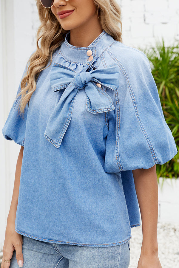 Fashion Loose Bow Lantern Sleeve Casual Denim Shirt