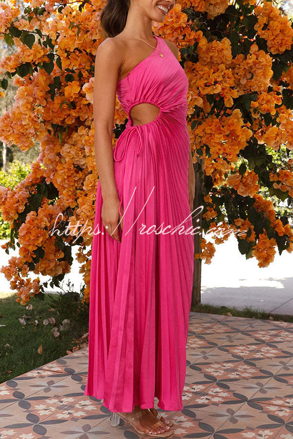 Charming One Shoulder Lace Up Cutout Pleated Maxi Dress