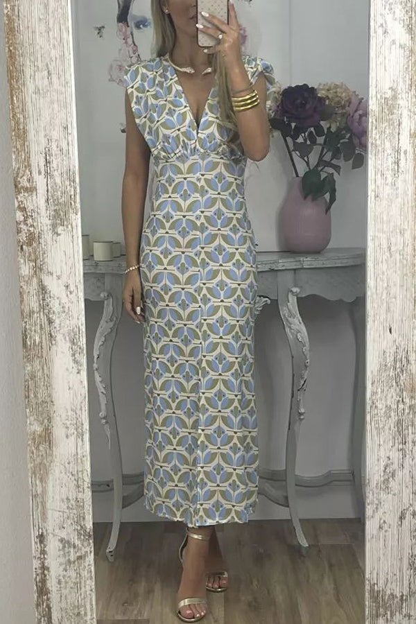 Forever Here Printed Padded Shoulder Front Center Slit Midi Dress