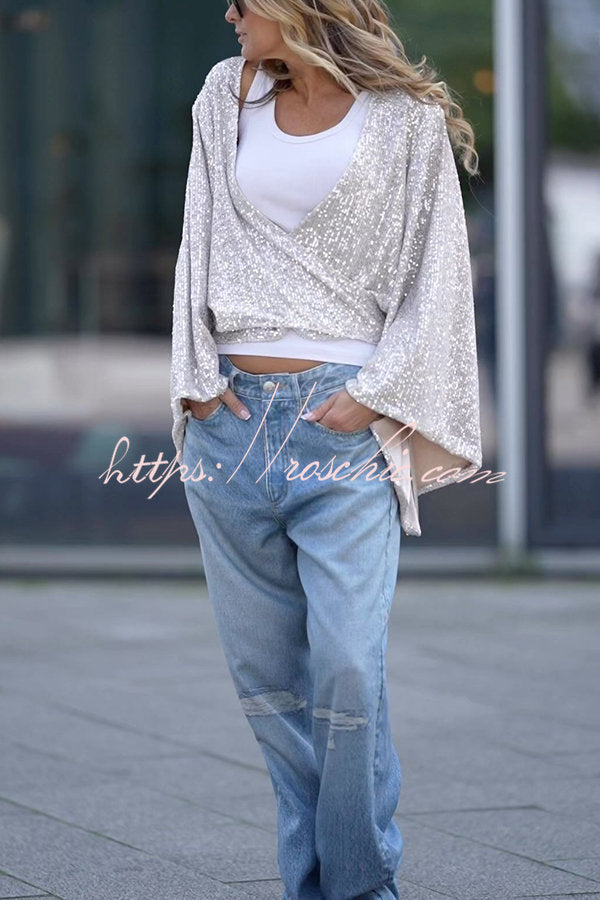 Feel The Charm Sequins Wrap Tie-up Bell Sleeve Top