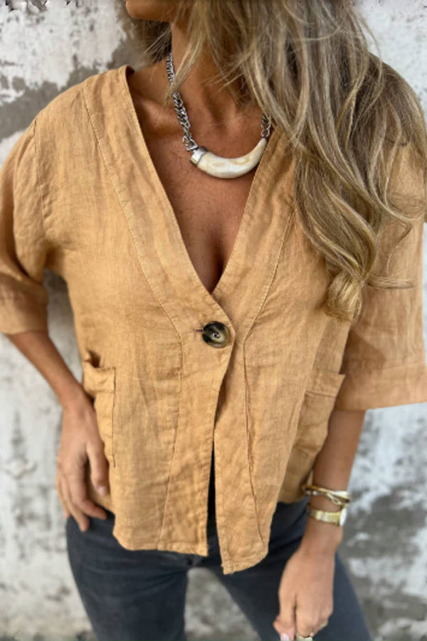Linen Blend Solid Color Loose V-neck Button-down Casual Top
