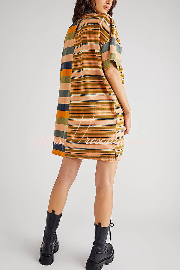 Contrast Striped Patchwork Denim Lapel Loose Casual Mini Dress