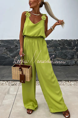 Solid Color Embroidered Flower Suspenders Casual Loose Jumpsuit