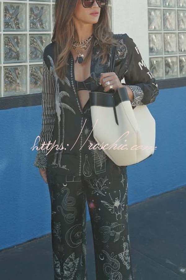 Black Magic Satin Unique Print Long Sleeve Blouse and Elastic Waist Pocket Wide Leg Pants Set