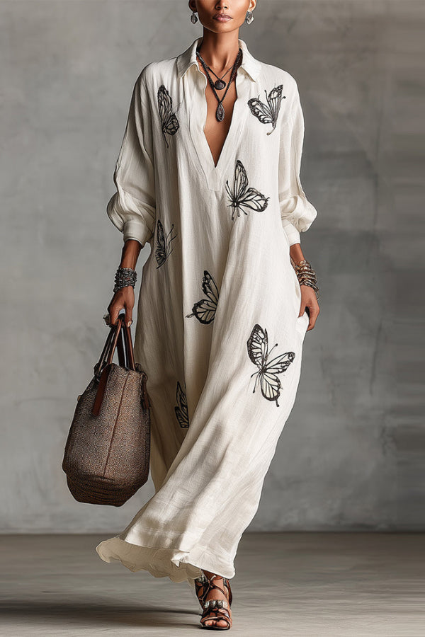 Butterfly Print V-Neck Long Sleeve Loose Casual Maxi Dress – roschic