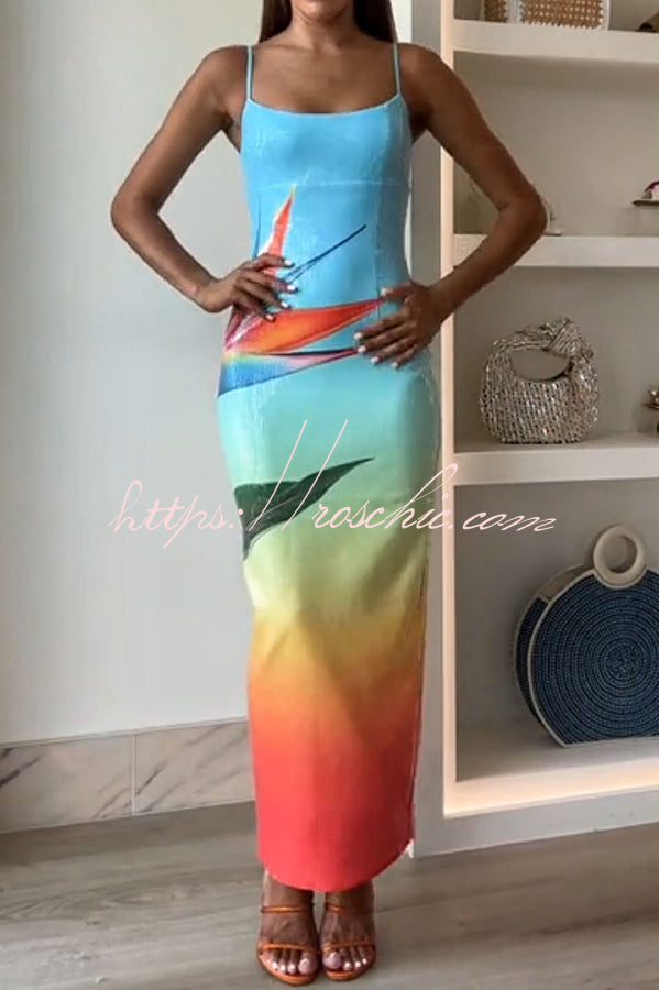 Dreamy Dreamy Sequin Unique Floral Gradient Print Slit Stretch Maxi Dress(Shipped within 24 hours)