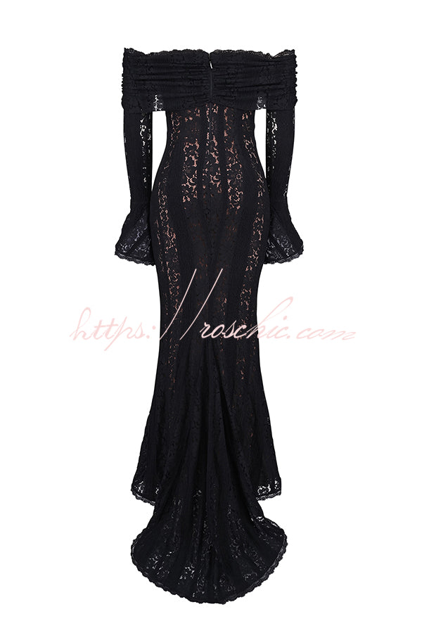 Outline The Curve Floral Lace Off Shoulder Bell Sleeve Stretch Maxi Dress