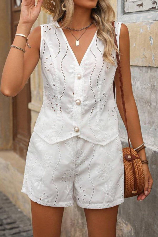 Solid Color Embroidered V-neck Button Casual Vest and Loose Pocket Shorts Set
