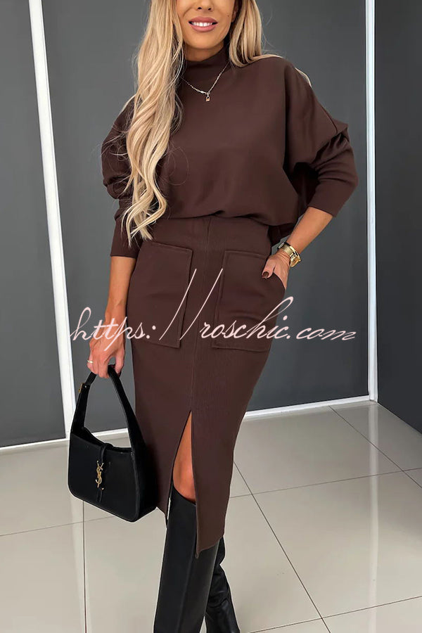 Chill Morning Knit Ribbed High Neck Top and Big Pocket Slit  Stretch Midi Skirt Set