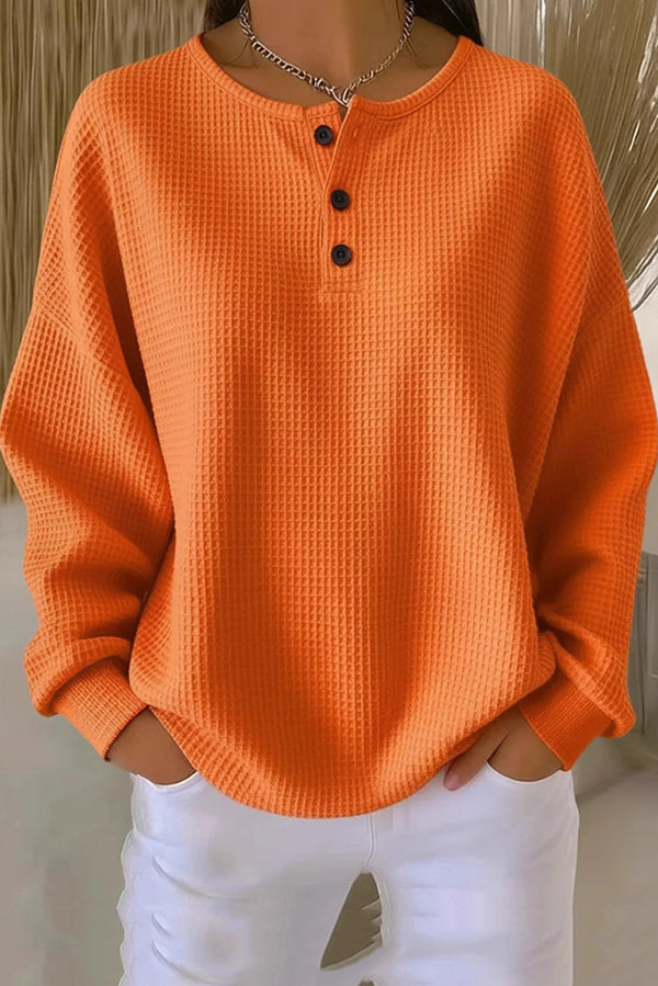 Fashionable Waffle Round Neck Long Sleeve Loose Top