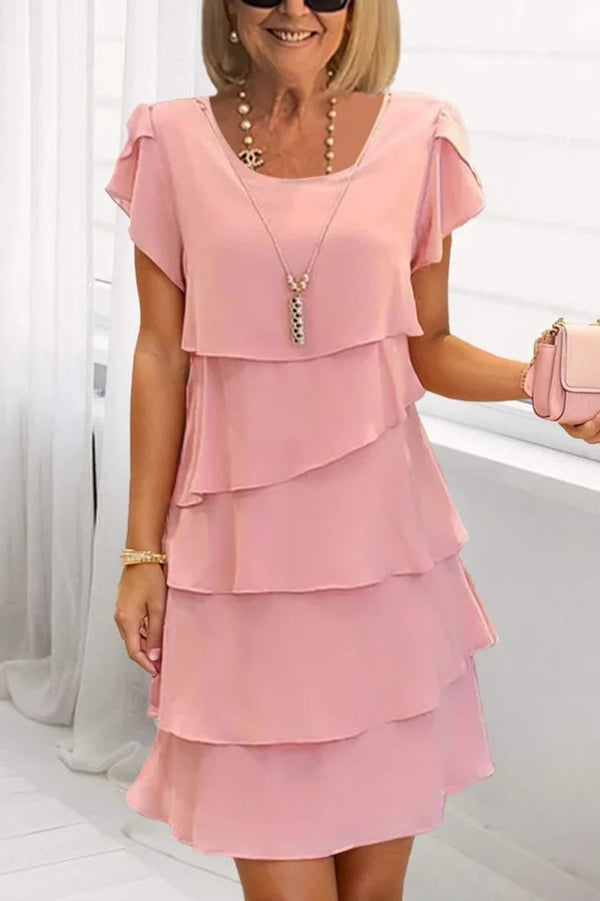 Solid Color Round Neck Short Sleeve Casual Multi-Layered Mini Dress, Pink / XL Solid Color Round Neck Short Sleeve Casual Multi-Layered Mini Dress, Pink / XL