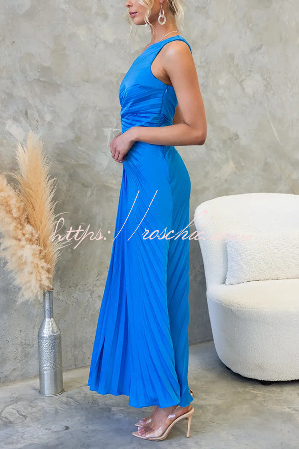 Charming One Shoulder Lace Up Cutout Pleated Maxi Dress