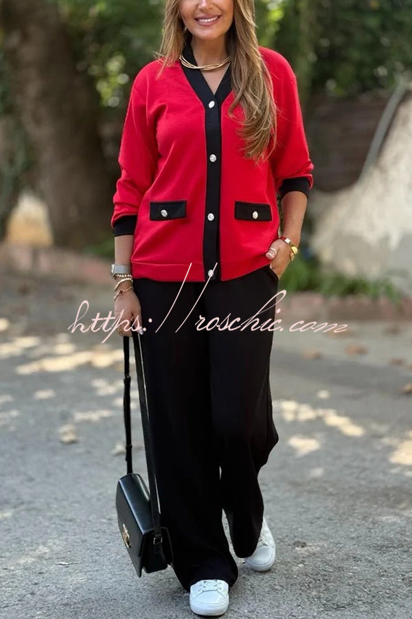 Stylish Color-blocked V-neck Knitted Button-down Cardigan and Elastic Waist Casual Wide-leg Pants Set