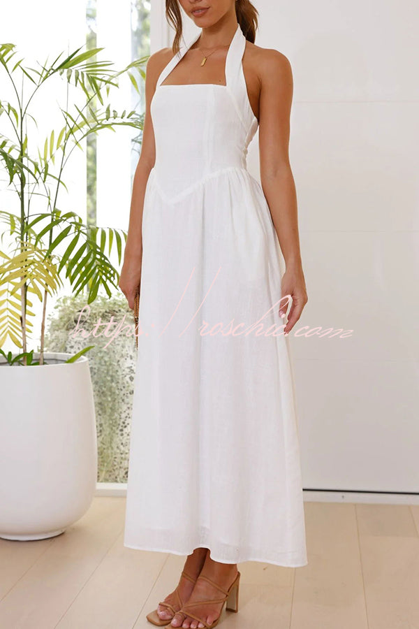 Brunch in Bali Linen Blend Halter Neck Pocketed Maxi Dress