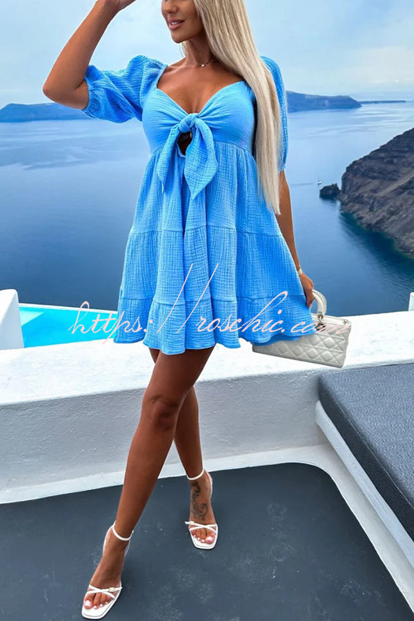 Solid Color Versatile Lace-Up V Neck Balloon Sleeve Mini Dress