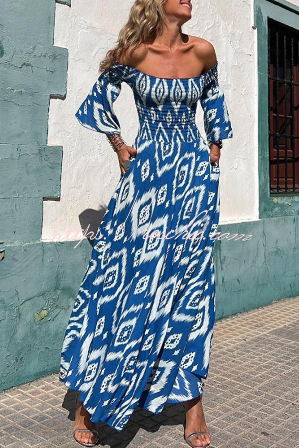 Close To The Vacation Ethnic Print Smocked Off Shoulder Pocketed Maxi Dress, Blue / M Close To The Vacation Ethnic Print Smocked Off Shoulder Pocketed Maxi Dress, Blue / M