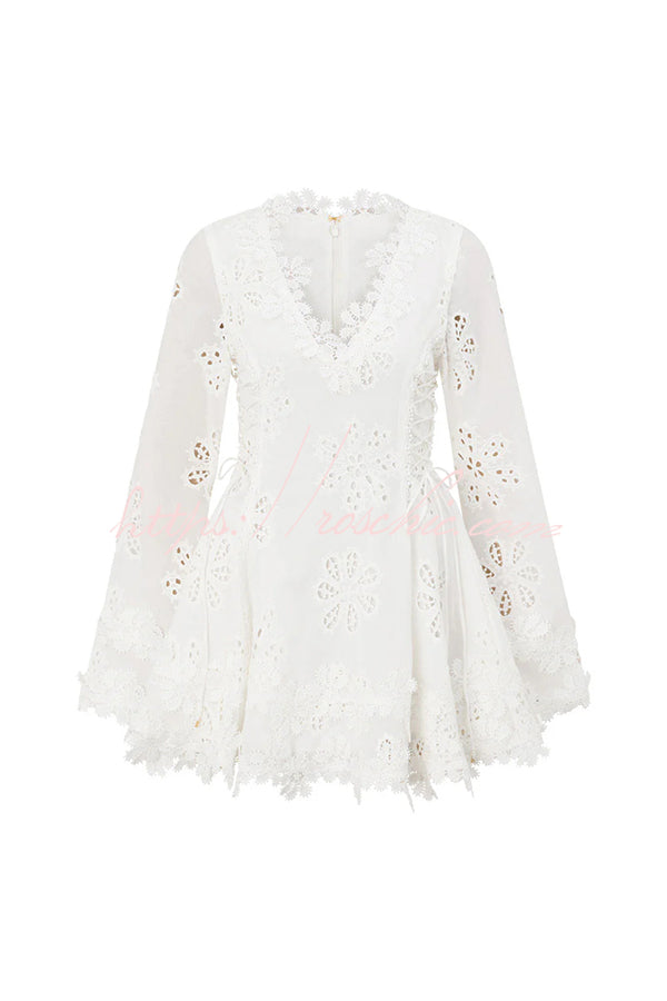 Diaz Embroidery Hollow Fabric Delicate Flower Trim Long Sleeve Side Lace-up Mini Dress