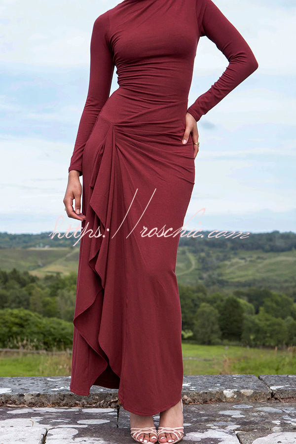 Venus Long Sleeve Ruched Side Slit Drape Ruffles Back Lace-up Stretch Maxi Dress