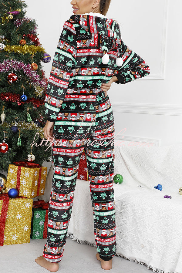 Festive Flavors Printed Flannel  Zipper Pocket Hooded Pajama Jumpsuit