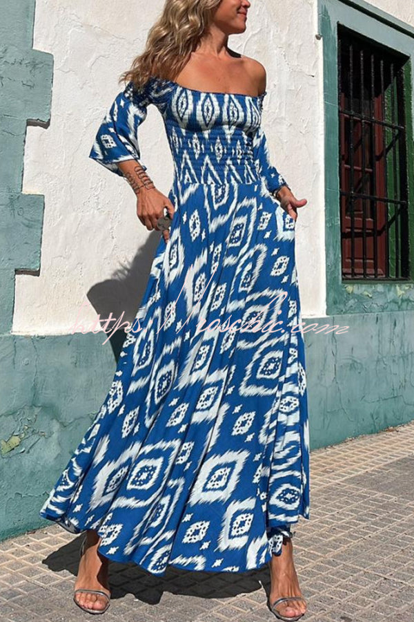 Close To The Vacation Ethnic Print Smocked Off Shoulder Pocketed Maxi – roschic Close To The Vacation Ethnic Print Smocked Off Shoulder Pocketed Maxi – roschic