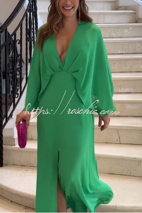 Solid Color V Neck High Waist Slit Casual Maxi Dress