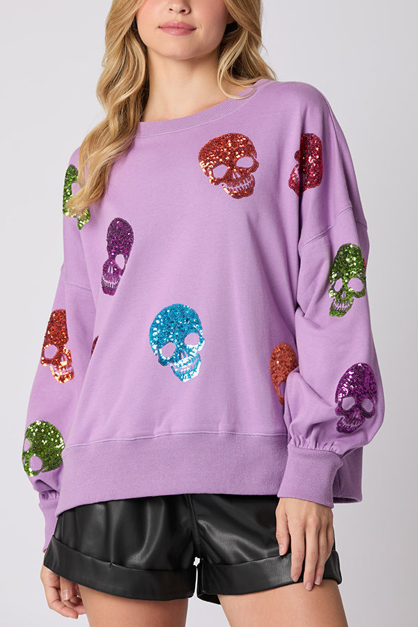 Halloween Skull Sequin Loose Casual Sweatshirt