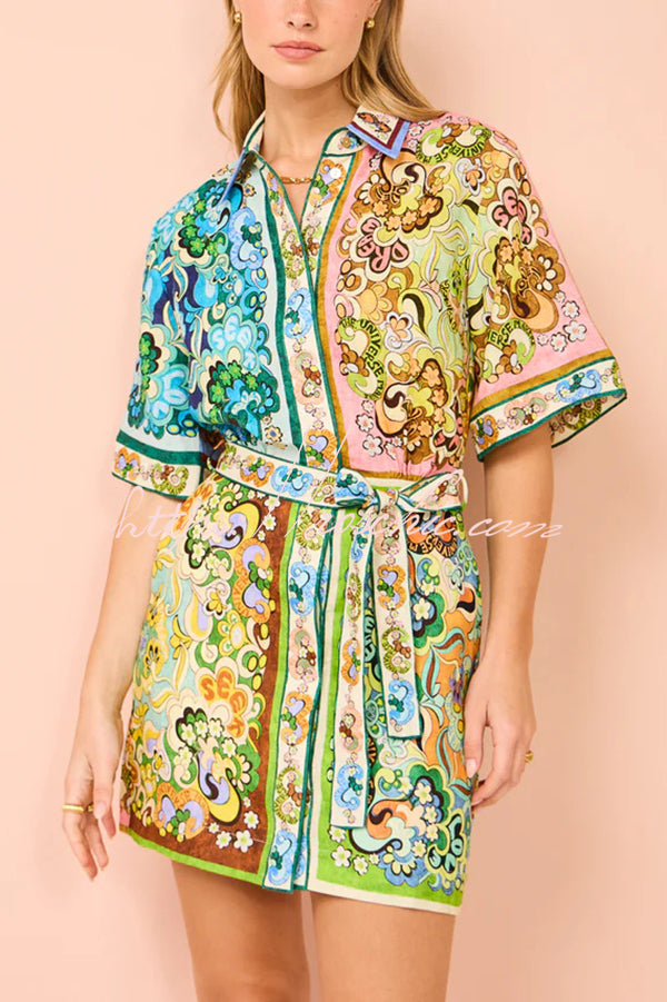 Sasha Linen Blend Unique Printed Shirt Style Tie-waist Mini Dress