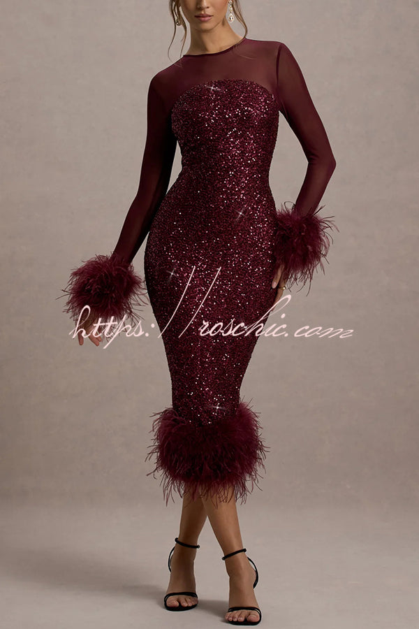 Glamor and Drama Mesh Sequin Patchwork Feather Trim Stretch Midi Dress roschic Glamor and Drama Mesh Sequin Patchwork Feather Trim Stretch Midi Dress roschic
