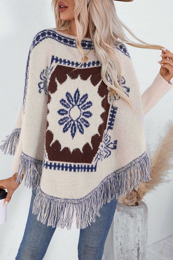 Ethnic Style Loose Long-sleeved Tassel Hem Knitted Sweater