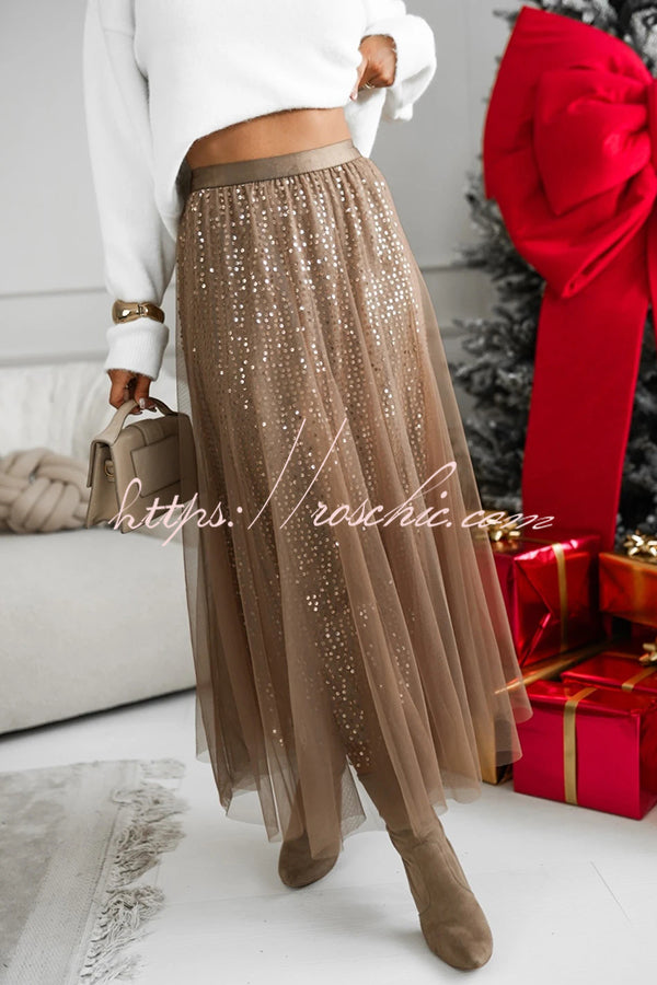 Party Daydream Sequin Tulle High Rise Elastic Waist Maxi Skirt