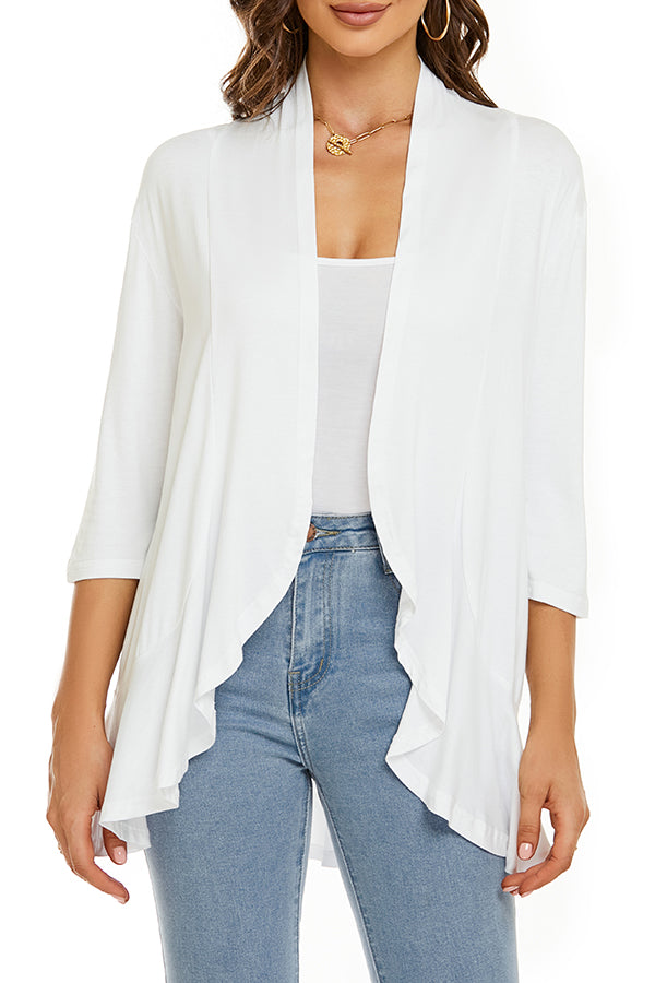 Solid Color Casual Three-quarter Sleeve Ruffled Loose Cardigan