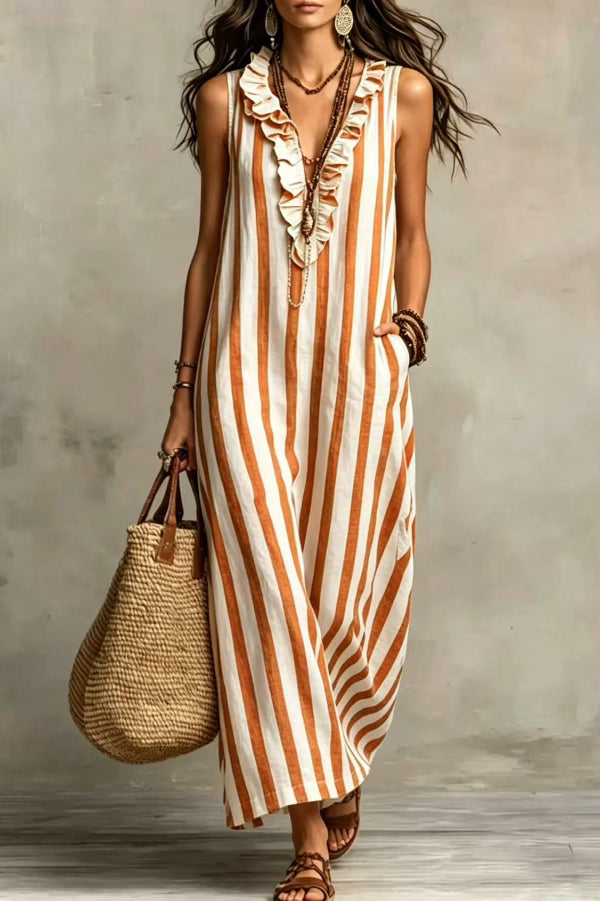 Fashionable Striped Print V-neck Ruffled Sleeveless Pockets Casual Mi – roschic