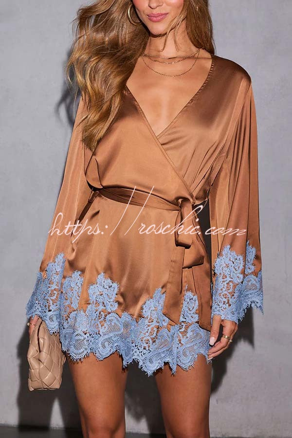 Joyful Bond Satin Lace Trim Contrast Color Bell Sleeve Tie-up Kimono Mini Dress