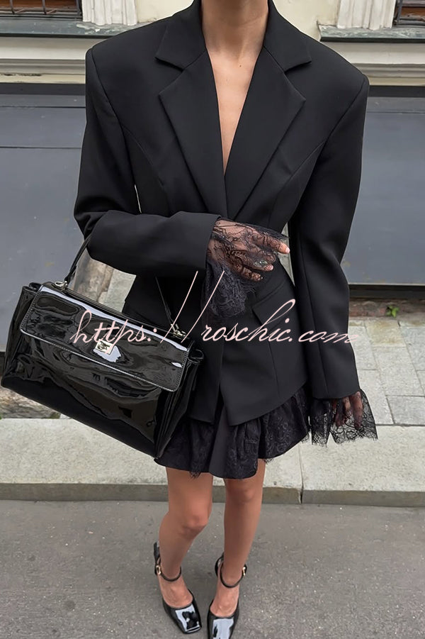 Solid Color Lace Panel Long Sleeve Button Elegant Blazer